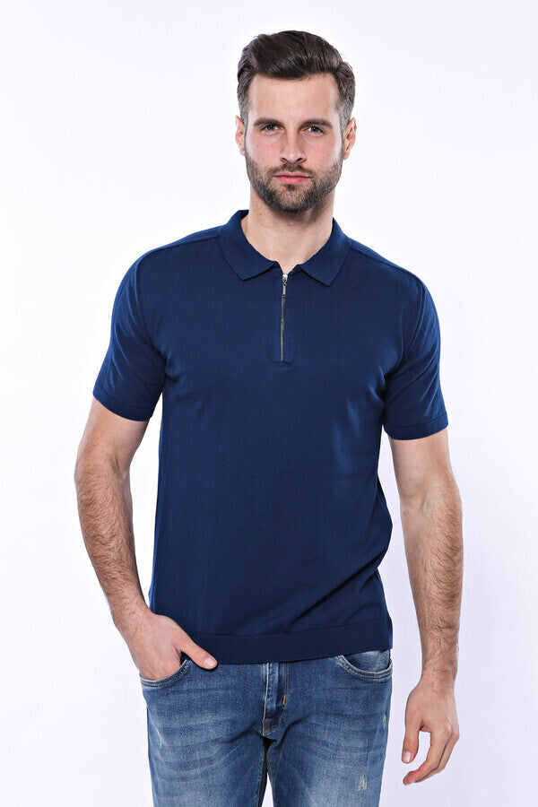 Polo Neck Plain Blue Knitted T-Shirt - Wessi