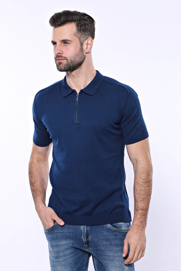 Polo Neck Plain Blue Knitted T-Shirt - Wessi