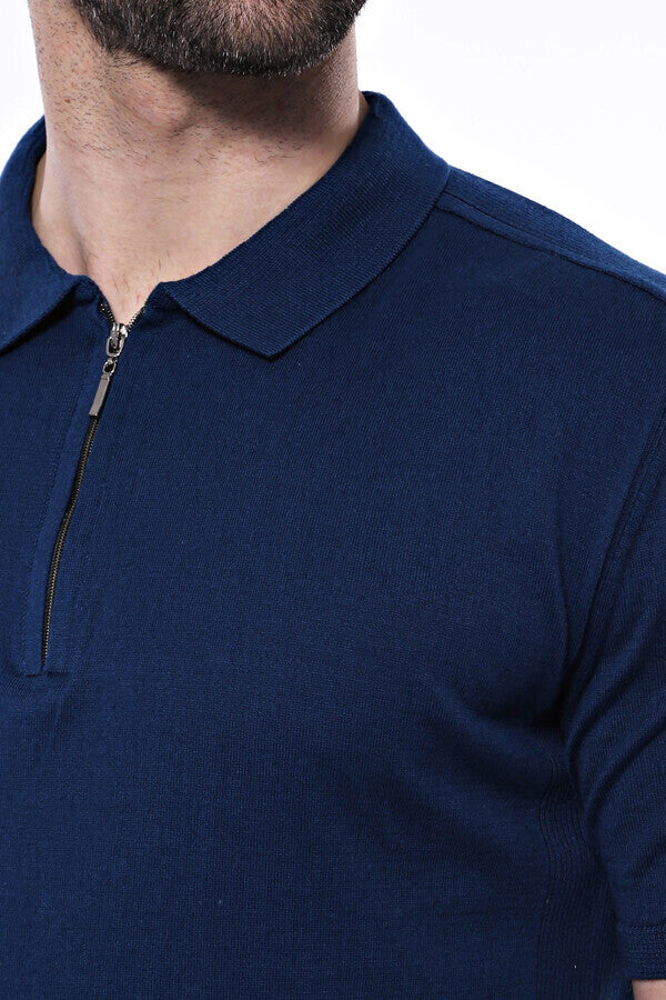 Polo Neck Plain Blue Knitted T-Shirt - Wessi