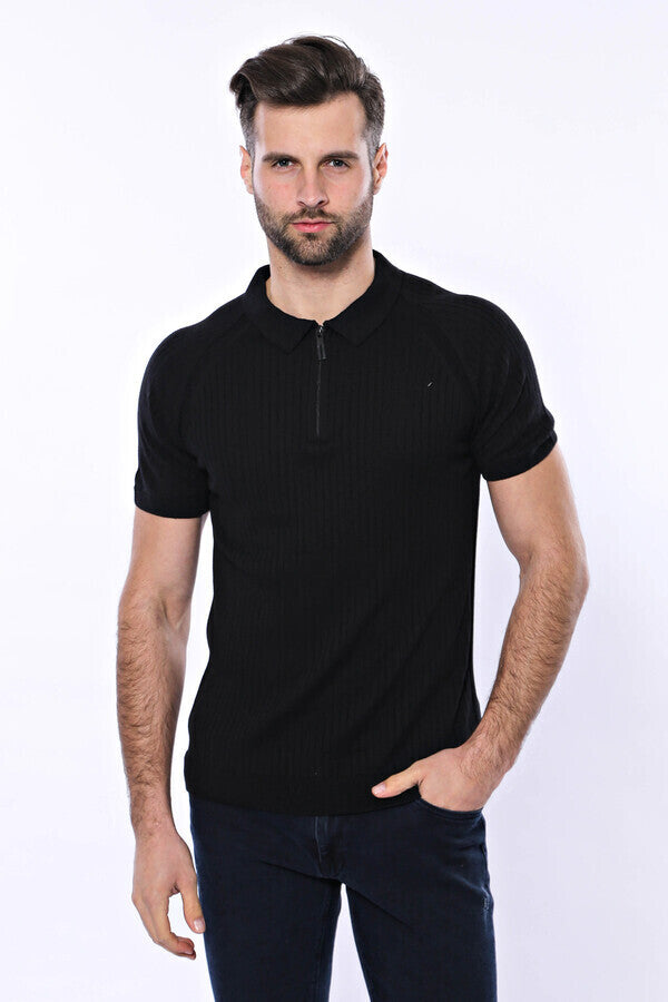 Polo Zippered Patterned Black Knitted T-Shirt - Wessi