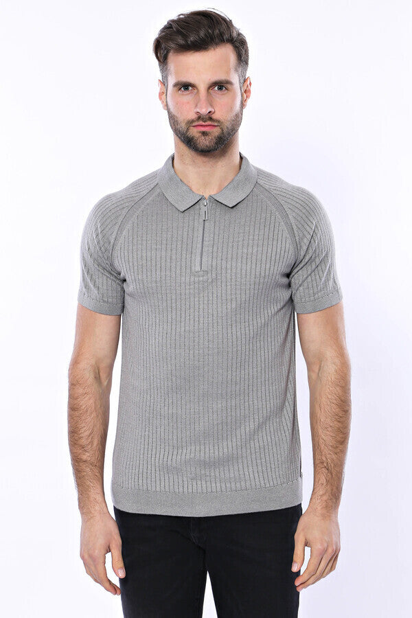 Polo Zippered Patterned Grey Knitted T-Shirt - Wessi