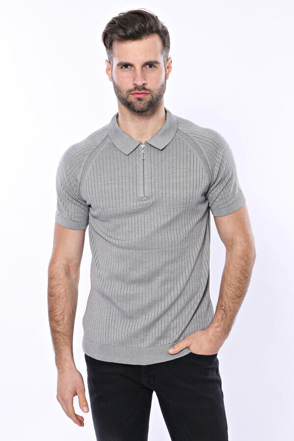 Camiseta de punto gris estampada con cremallera de polo - Wessi