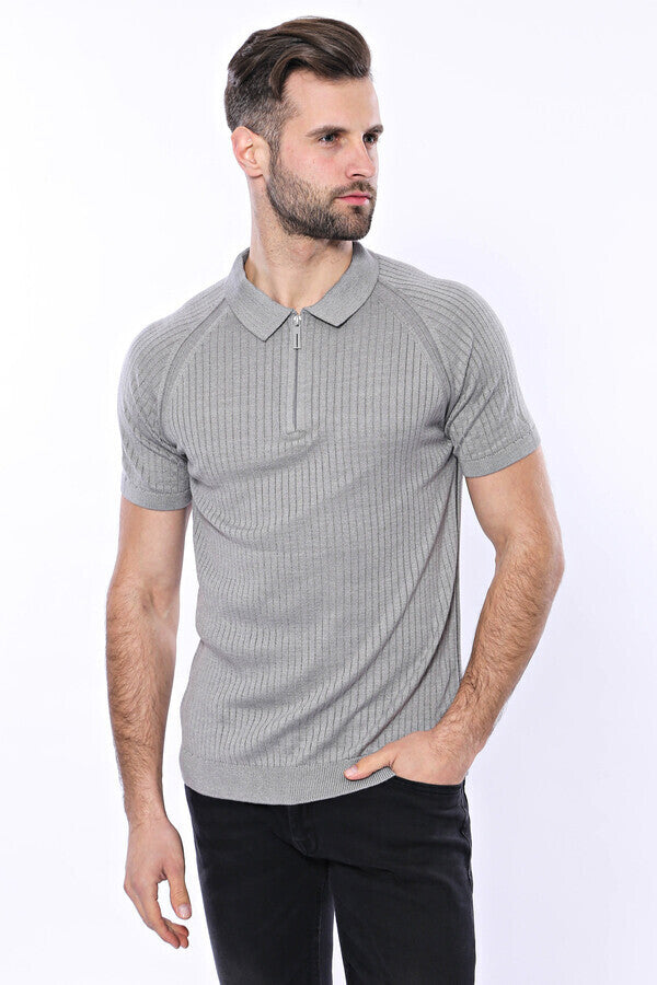 Polo Zippered Patterned Grey Knitted T-Shirt - Wessi