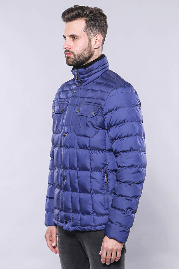 Quilted Blue Men Winter Coat - Wessi