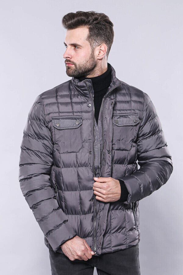 Quilted Grey Men Winter Coat - Wessi