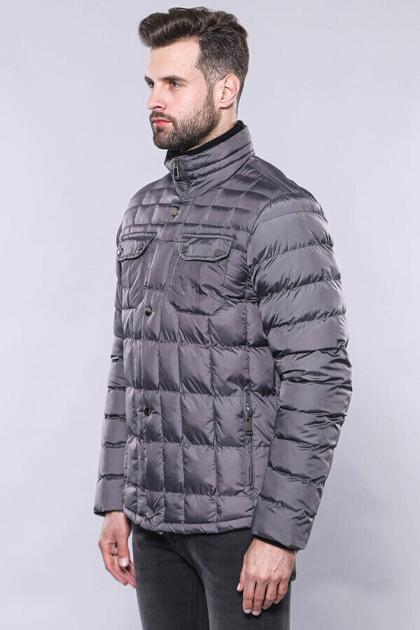 Quilted Grey Men Winter Coat - Wessi