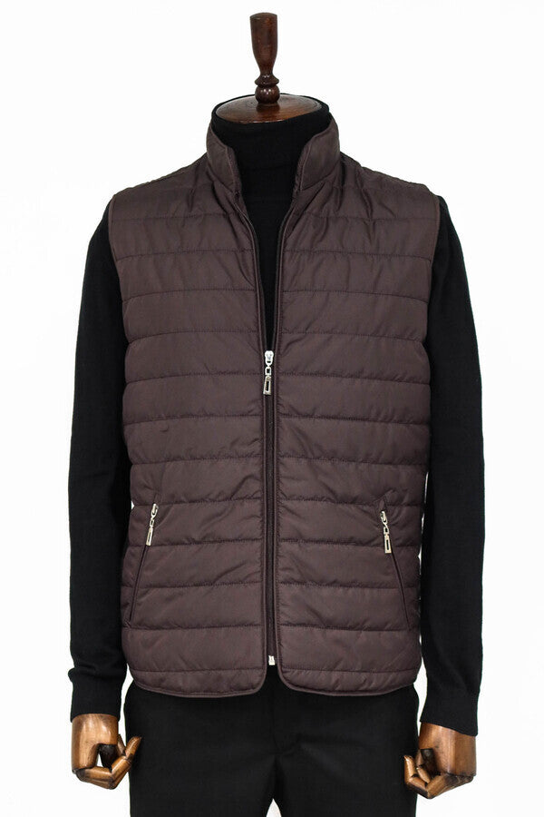 Quilted Sleeveless Brown Men Down Vest - Wessi