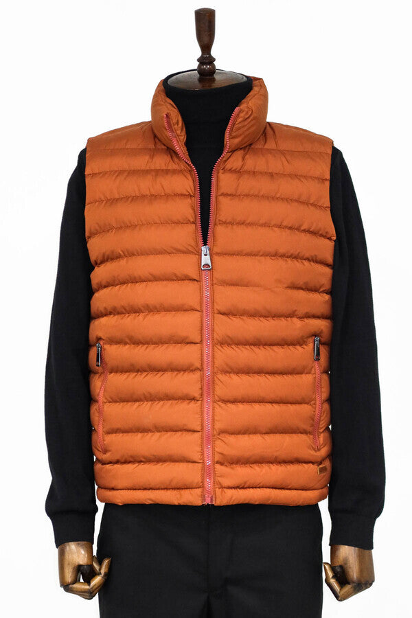 Quilted Zippered Orange Men Down Vest - Wessi