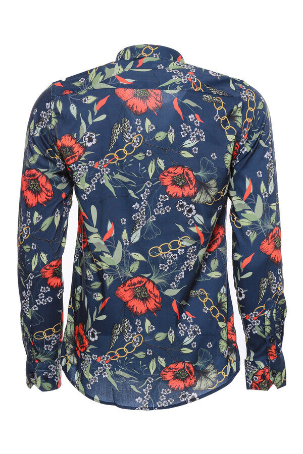 Red Floral Patterned Slim-Fit Long Sleeves Navy Blue Shirt - Wessi