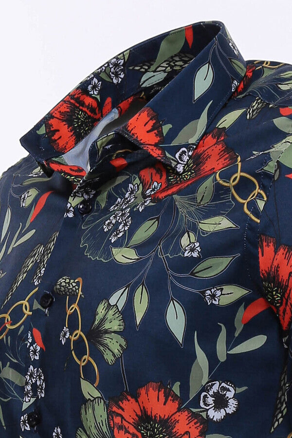 Red Floral Patterned Slim-Fit Long Sleeves Navy Blue Shirt - Wessi