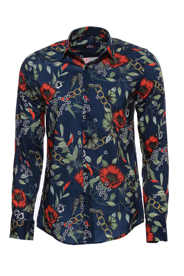 Camisa azul marino de manga larga ajustada con estampado floral rojo - Wessi