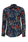 Red Floral Patterned Slim-Fit Long Sleeves Navy Blue Shirt - Wessi