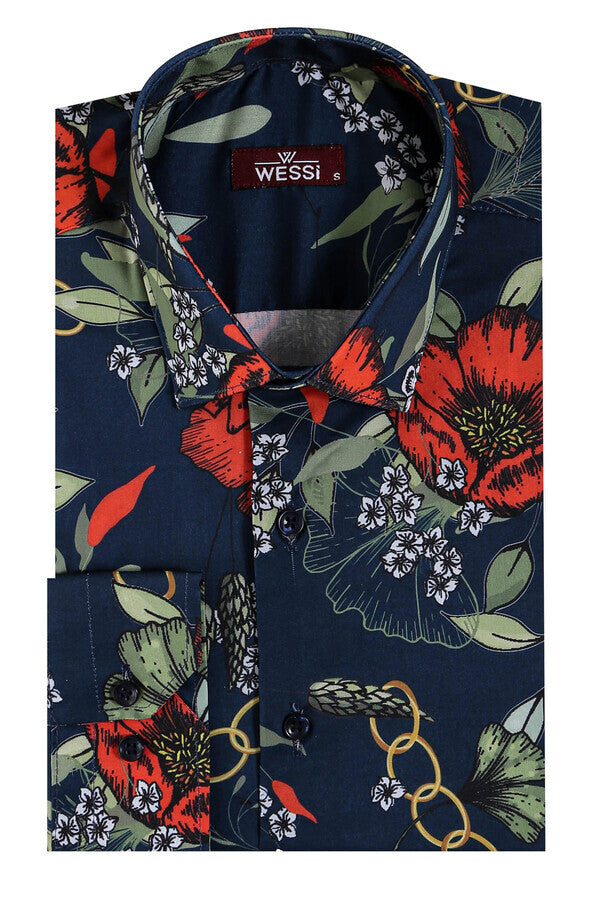 Camisa azul marino de manga larga ajustada con estampado floral rojo - Wessi