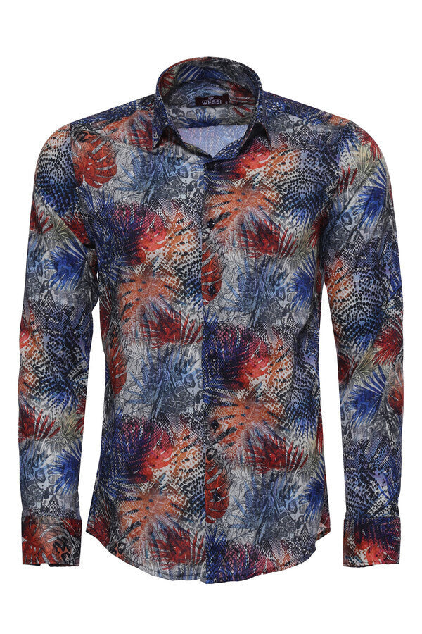 Camisa azul marino con estampado de hojas rojas para hombre - Wessi