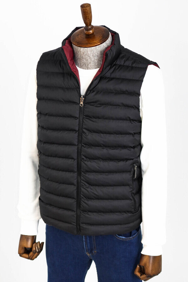 Reversible Quilted Standing Collar Black Men Down Vest - Wessi