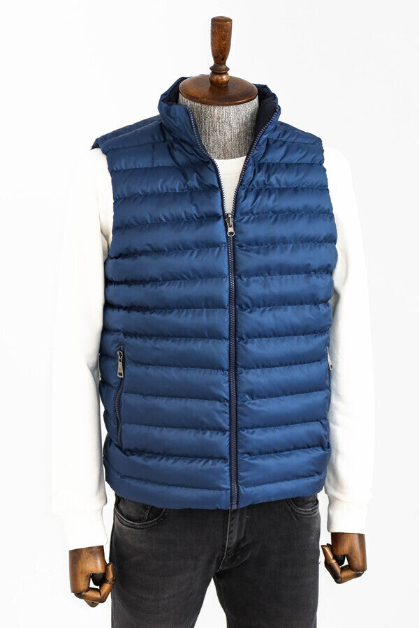 Reversible Quilted Standing Collar Blue Men Down Vest - Wessi