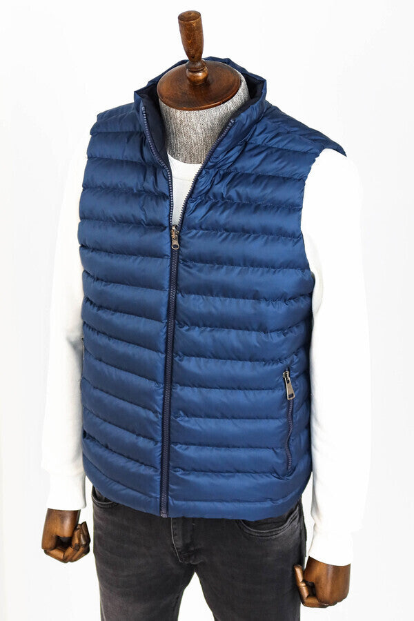 Reversible Quilted Standing Collar Blue Men Down Vest - Wessi