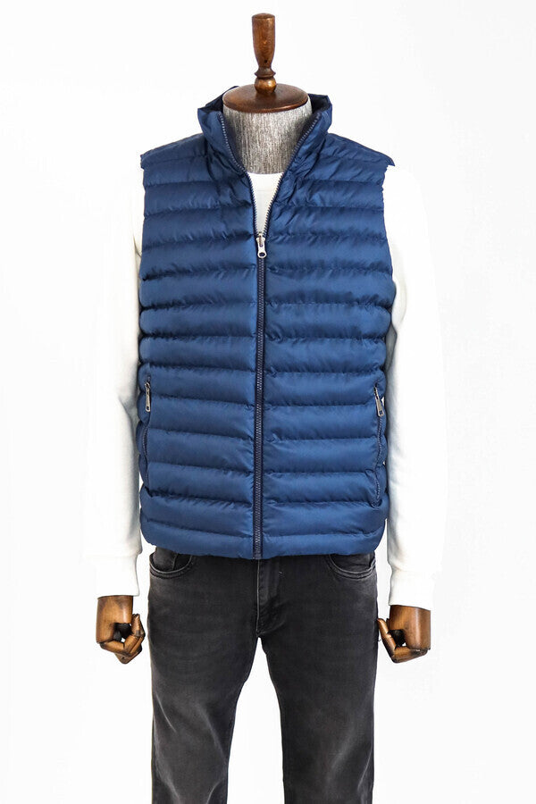 Reversible Quilted Standing Collar Blue Men Down Vest - Wessi