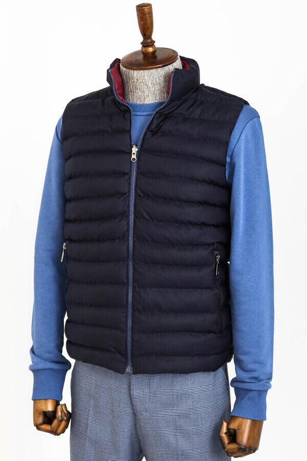 Reversible Quilted Standing Collar Navy Blue Men Down Vest - Wessi