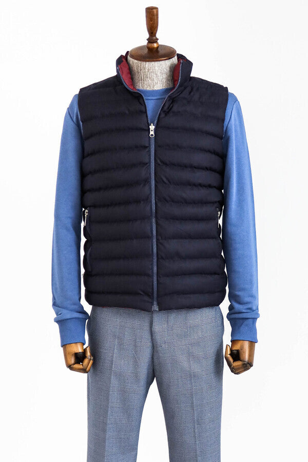 Reversible Quilted Standing Collar Navy Blue Men Down Vest - Wessi