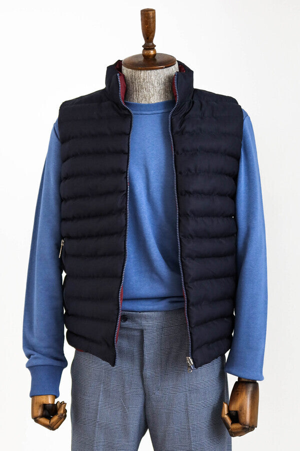 Reversible Quilted Standing Collar Navy Blue Men Down Vest - Wessi