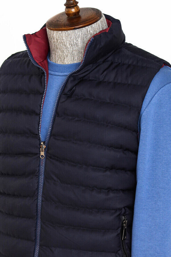 Reversible Quilted Standing Collar Navy Blue Men Down Vest - Wessi