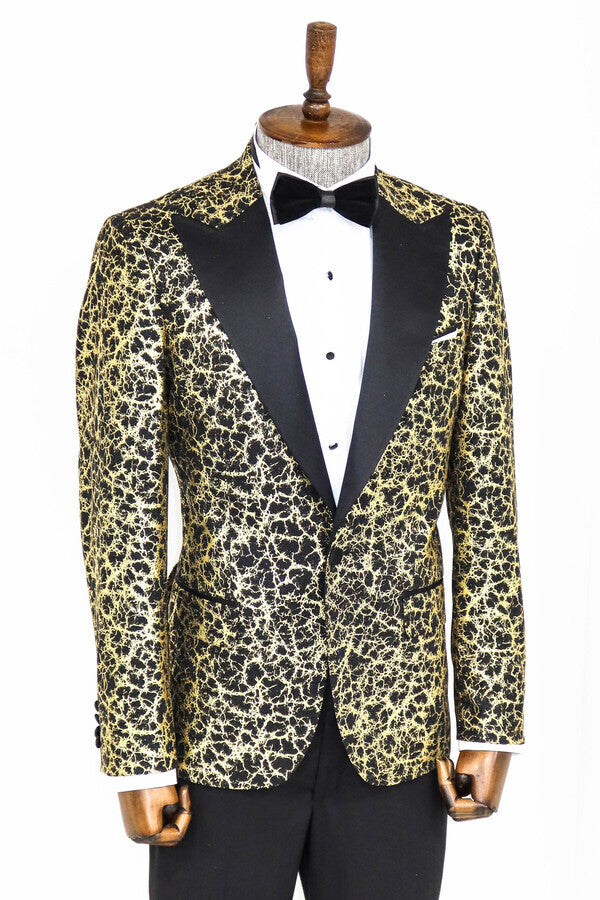 Root Pattern Peak Lapel Black Men Prom Blazer - Wessi