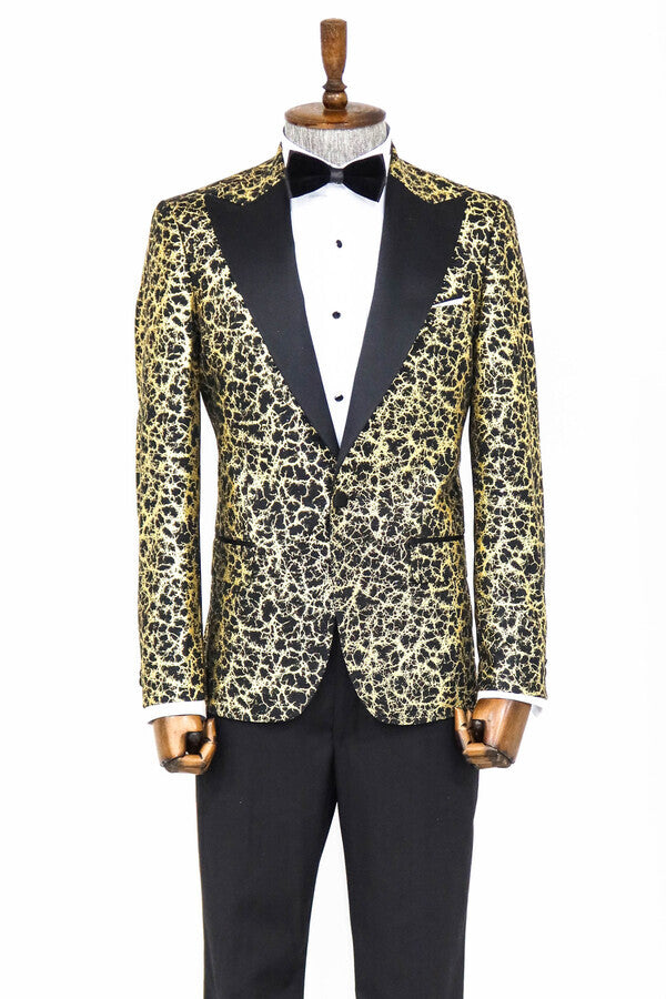 Root Pattern Peak Lapel Black Men Prom Blazer - Wessi