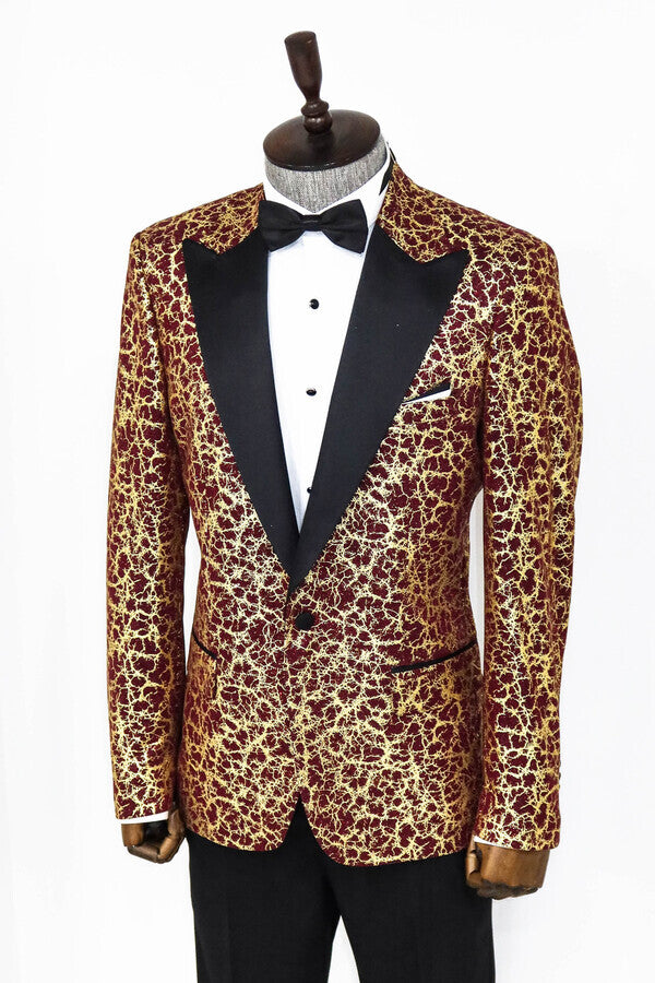 Root Pattern Peak Lapel Burgundy Men Prom Blazer - Wessi