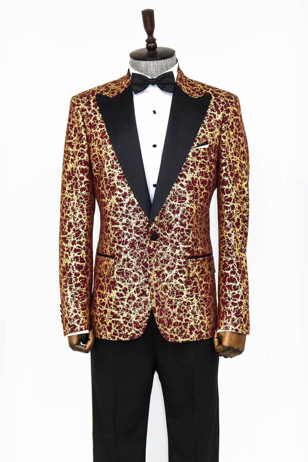 Root Pattern Peak Lapel Burgundy Men Prom Blazer - Wessi