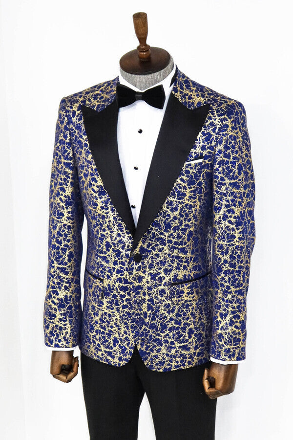 Root Pattern Peak Lapel Dark Blue Men Prom Blazer - Wessi