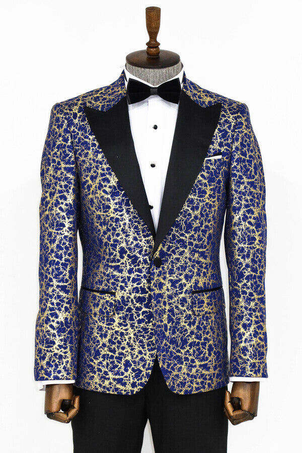 Root Pattern Peak Lapel Dark Blue Men Prom Blazer - Wessi