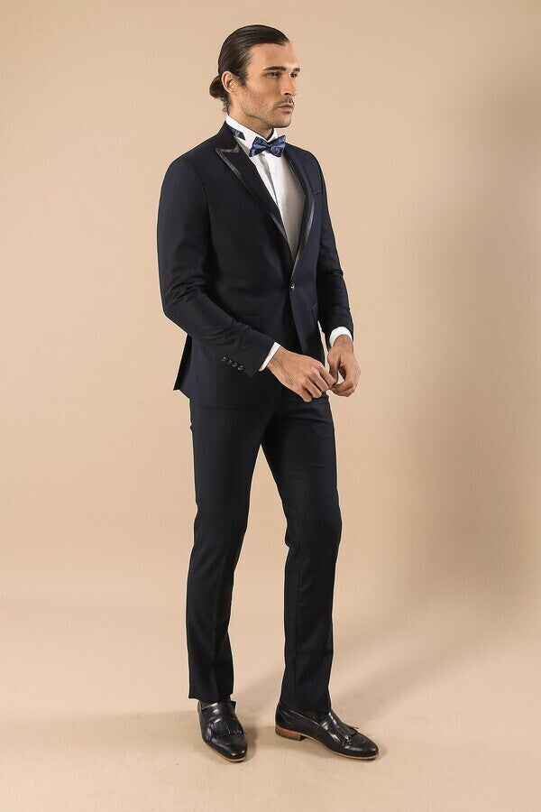 Satin Lapel Navy Blue Tuxedo | Wessi