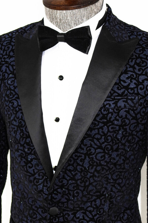 Scroll Patterned Navy Blue Men Prom Blazer - Wessi