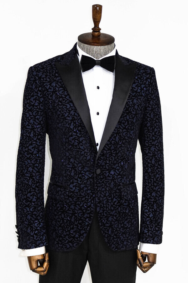 Scroll Patterned Navy Blue Men Prom Blazer - Wessi