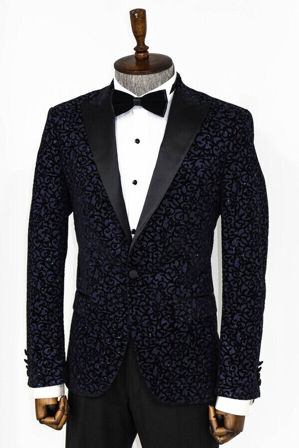 Scroll Patterned Navy Blue Men Prom Blazer - Wessi