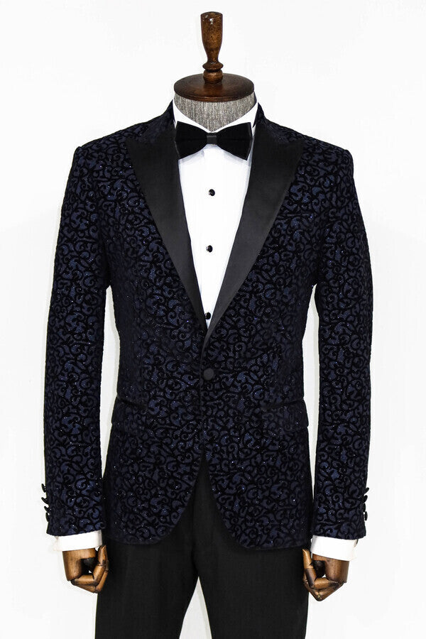 Scroll Patterned Navy Blue Men Prom Blazer - Wessi