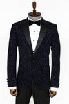 Scroll Patterned Navy Blue Men Prom Blazer - Wessi