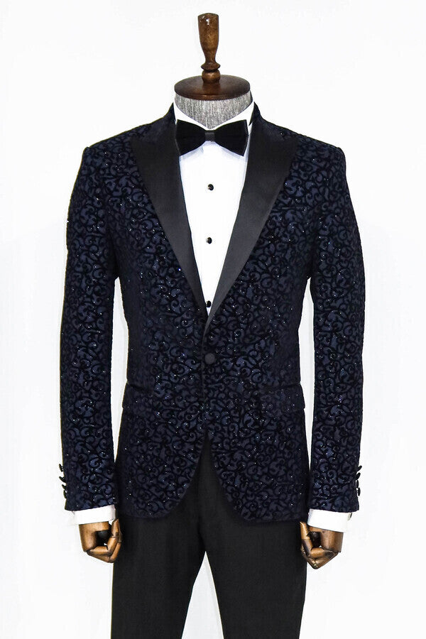 Blazer de fiesta para hombre en azul marino con estampado de volutas - Wessi