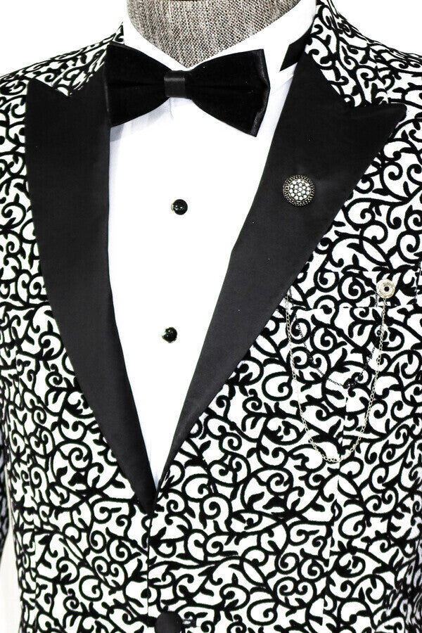 Scroll Patterned White Men Prom Blazer - Wessi