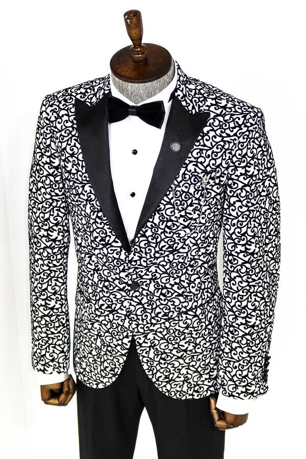 Scroll Patterned White Men Prom Blazer - Wessi