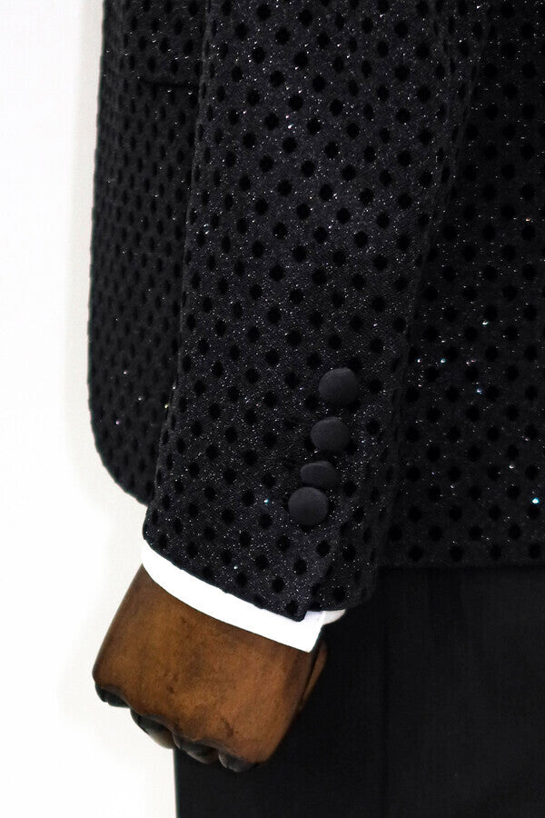 Sequin Dot Patterned Black Men Prom Blazer - Wessi