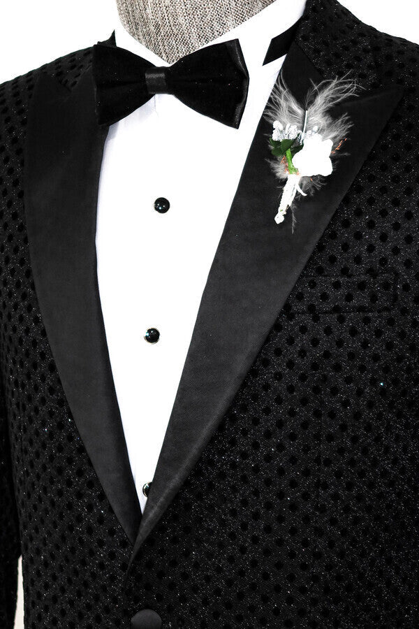 Sequin Dot Patterned Black Men Prom Blazer - Wessi