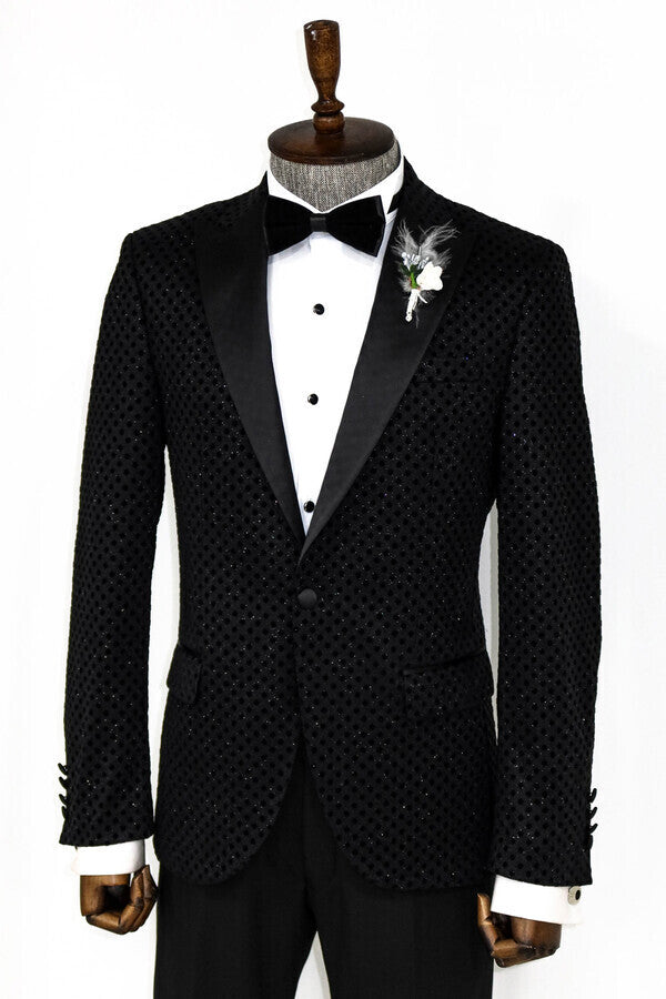 Sequin Dot Patterned Black Men Prom Blazer - Wessi