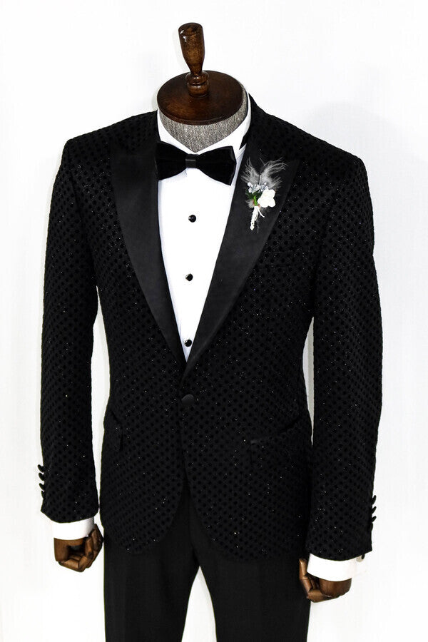 Sequin Dot Patterned Black Men Prom Blazer - Wessi