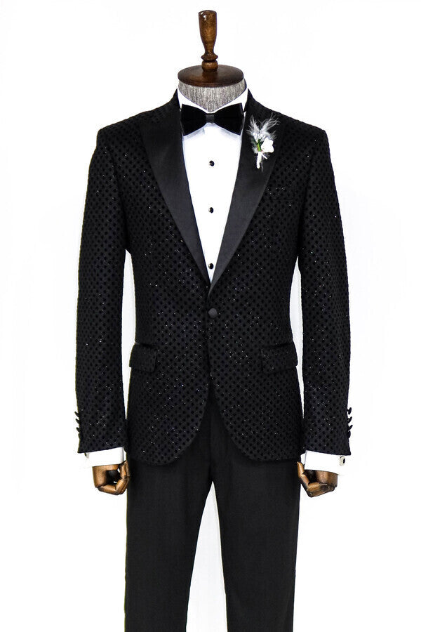 Sequin Dot Patterned Black Men Prom Blazer - Wessi