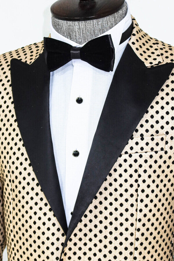 Sequin Dot Patterned Cream Men Prom Blazer - Wessi