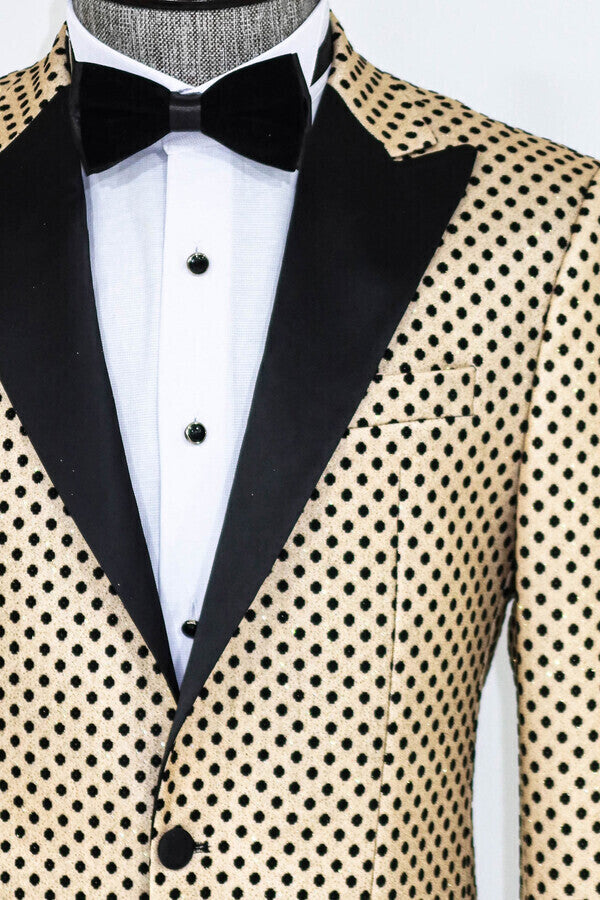 Sequin Dot Patterned Cream Men Prom Blazer - Wessi