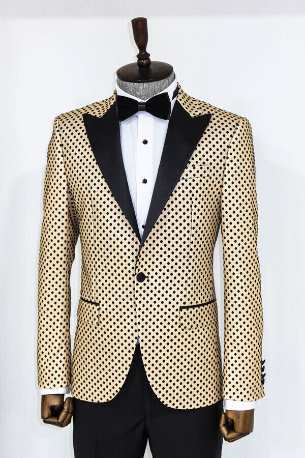 Sequin Dot Patterned Cream Men Prom Blazer - Wessi