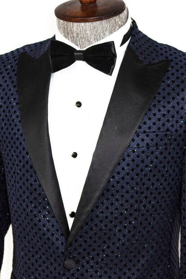 Blazer de fiesta para hombre azul marino con estampado de lunares y lentejuelas - Wessi